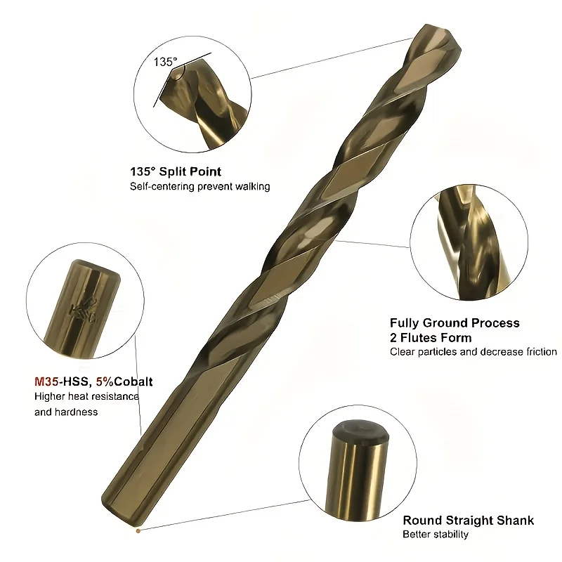 13-teiliges M35 Kobalt HSS Bohrerset, Spiralbohrer für Metall, Edelstahl, Holz & Kunststoff, Hochleistungsfähig mit Aufbewahrungskoffer – Detail 5