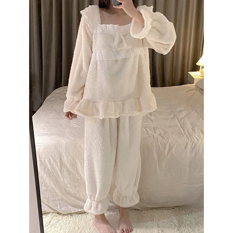 Lace Sleepwear Women Pajamas Set Winter Piiama Pants Warm 2 Pieces Fluffy Night Wears Pyjamas Square Collar Home Wear 2023 New