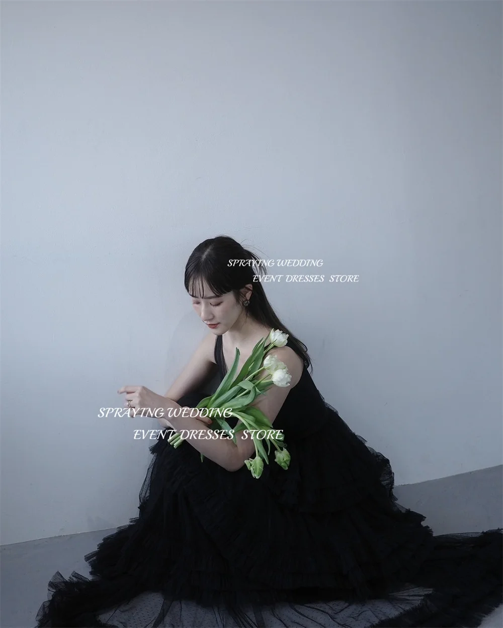 SPRYSKOWANIE Tiulowa suknia wieczorowa z dekoltem w kształcie litery V Czarny pasek Koreańska suknia ślubna do sesji zdjęciowej Luksusowy gorset o długości do podłogi Dostosowany