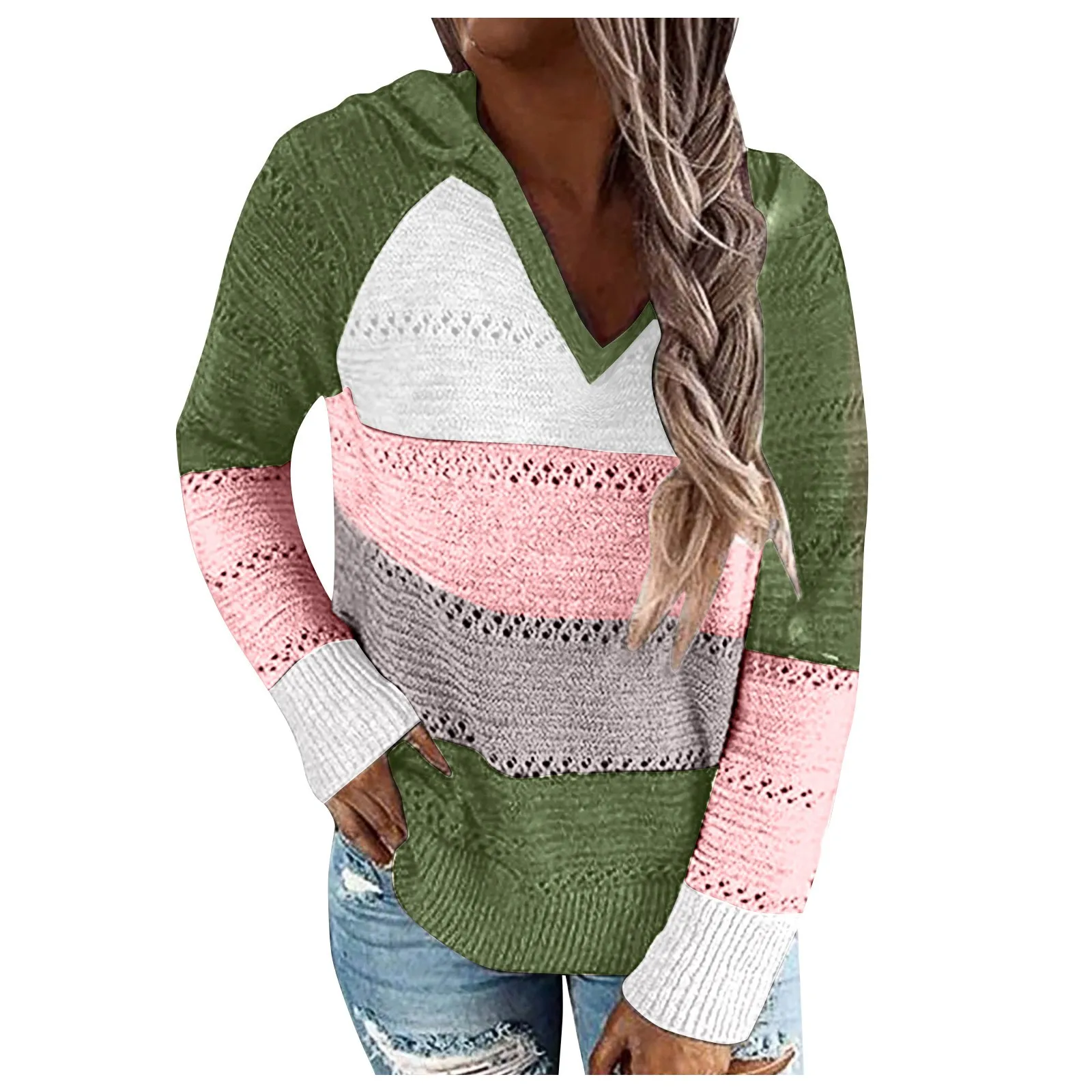 Women\'s Fashion Versatile Sweater Women\'s Long Sleeve Patchwork Hooded Sweater Top Autumn and Winter Thickened Sweater Top