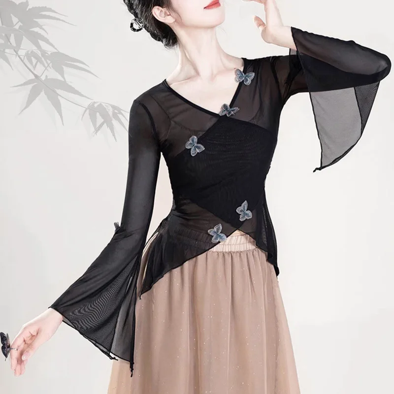 

Elegant Classical Dance Costume Tops Butterfly Net Gauze Shirt Body Charm Rhyme Chinese Folk Dance Acrobatic Clothes Hanfu