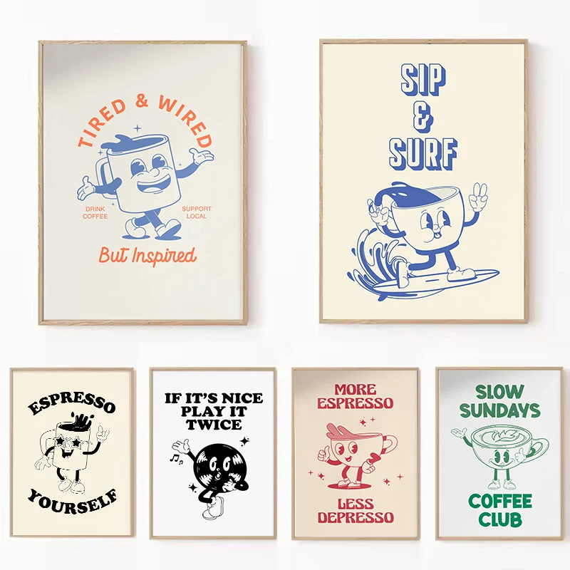 Müde und verdrahtete Retro-Kaffee-Leinwanddruck, lustiges Maskottchen, Küche, Wandkunst, Poster für moderne Wohnzimmer, Schlafzimmer, Heimdekoration, Geschenke