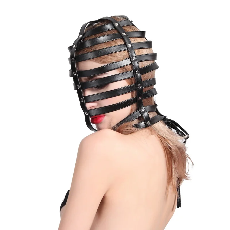 Exotische sexy Accessoires Gothic Kostüm verstellbares Leder aushöhlen Bondage Kopf haube für Männer Frauen Cosplay Halloween-Maske