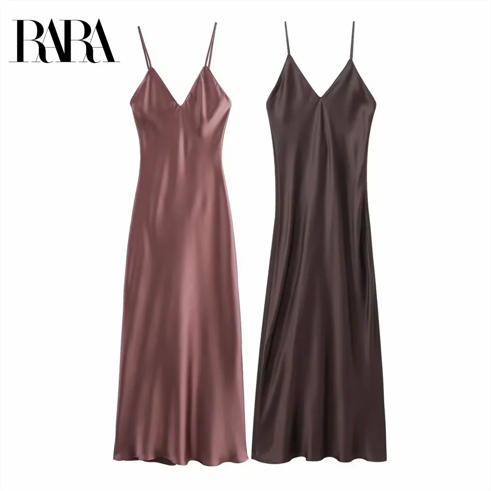 

2025 RARA Women's Spaghetti - strap Slip Dresses in a Luxurious Satin Finish with a V - neck in Mauve and Dark Brown