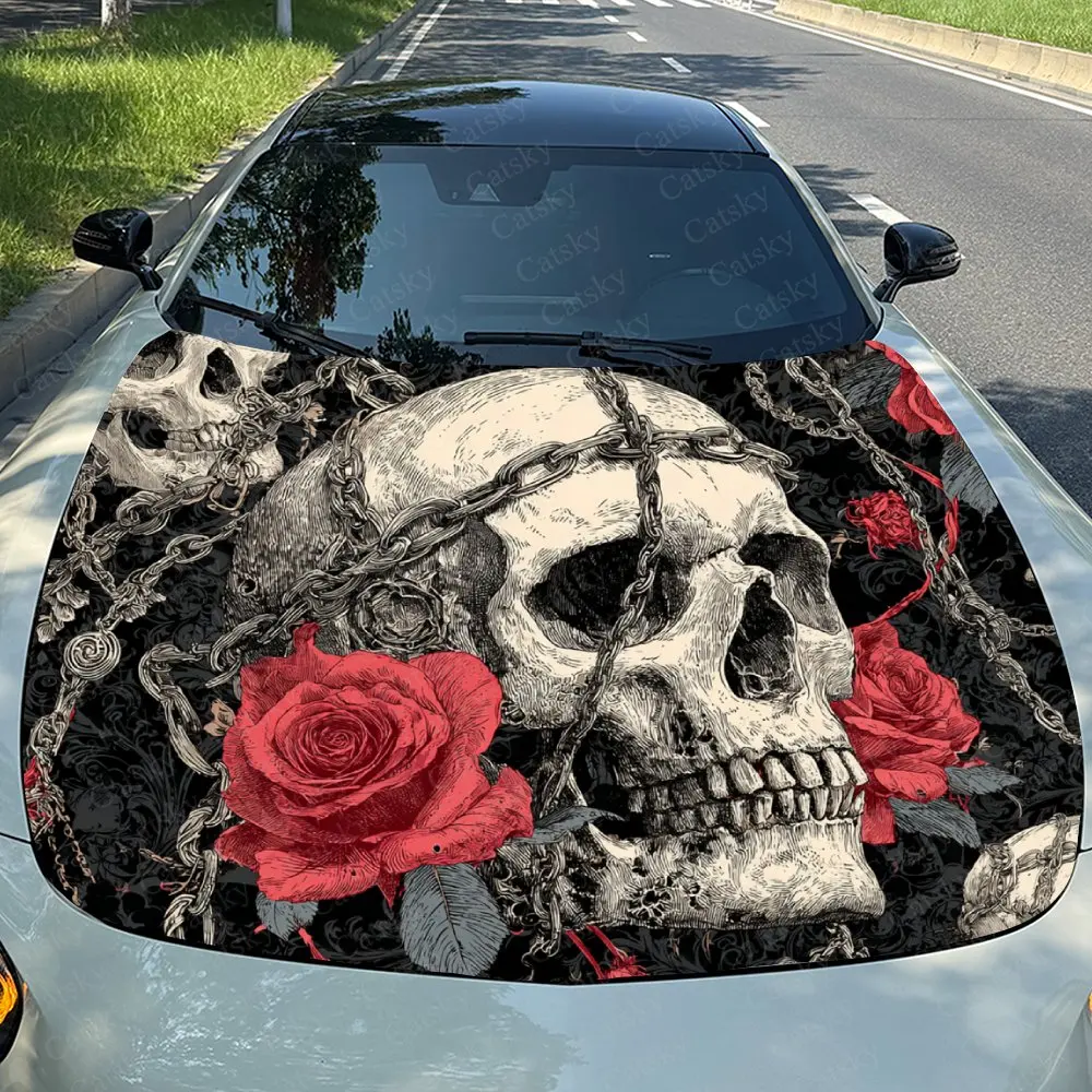 Chains, Flowers, And Skeletons Car Hood Sticker, Automotive Exterior Customization, Durable PVC Vinyl Wrap For Car Engine Cover