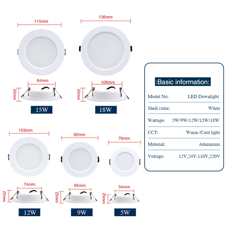 6Pcs/lot Recessed Led Downlight  5W 9W 12W 15W 18W Ceiling Light AC110V 220V DC12V 24V Lights Suitable for Kitchen Bathroom Mall