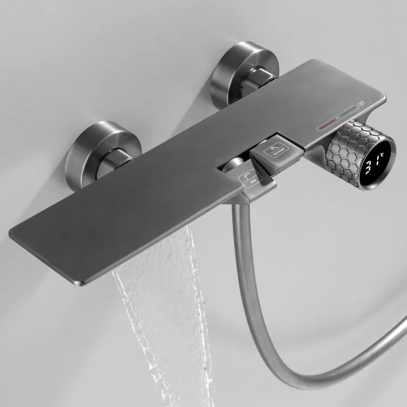 

Bath Shower Faucet Set Brass Waterfall Bathtub Mixer Hot & Cold Temperature Display Taps Wall Mounted With Storage Rack Gun Grey