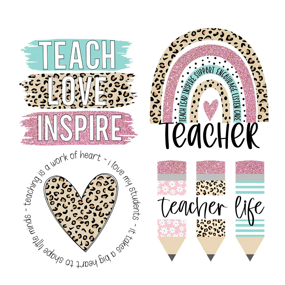 Teaching Iron On Transfer For Clothing Patch Teacher Life Heat Transfer For T-shirt Leopard Heart thermal Stickers DIY Accessory