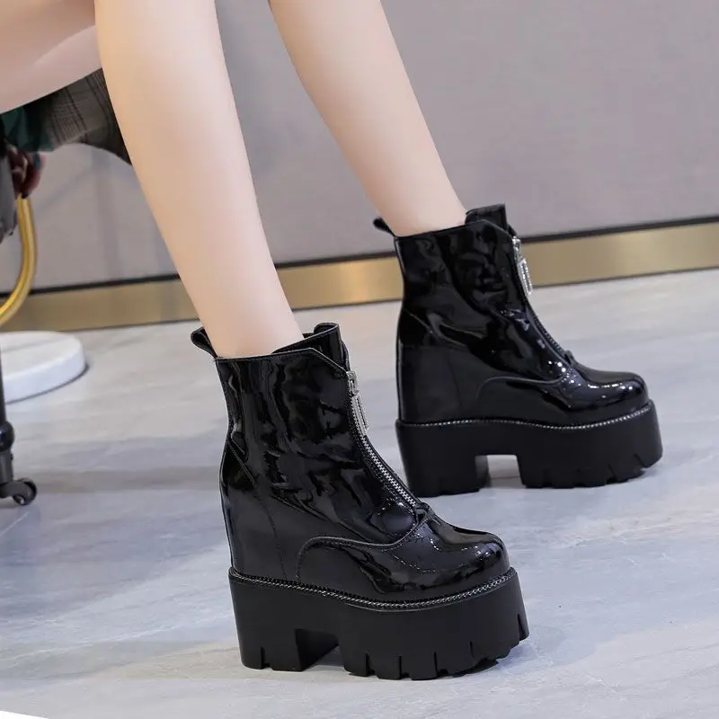 Fujin 13cm Patent Leather Super Thick Sole Chunky Heel Shoes Ankle Mid Calf Booties High Boots ZIP Lace Up Autumn Winter Plush