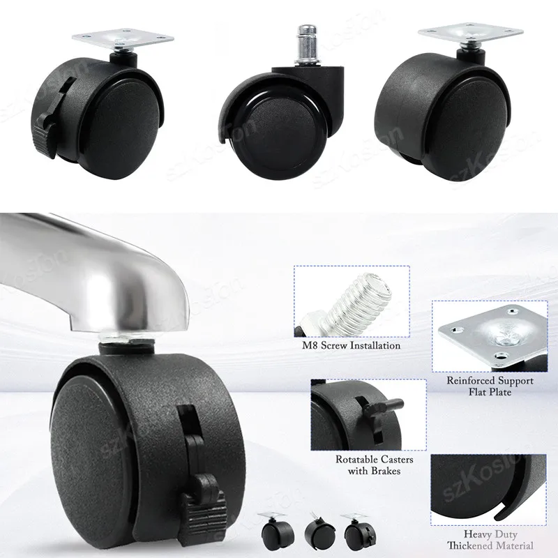 Universal Caster Swivel Replacement Wheel Flat Plate Mounted Castor with Brake for File Cabinet Desk Table Drawer Cart Furniture