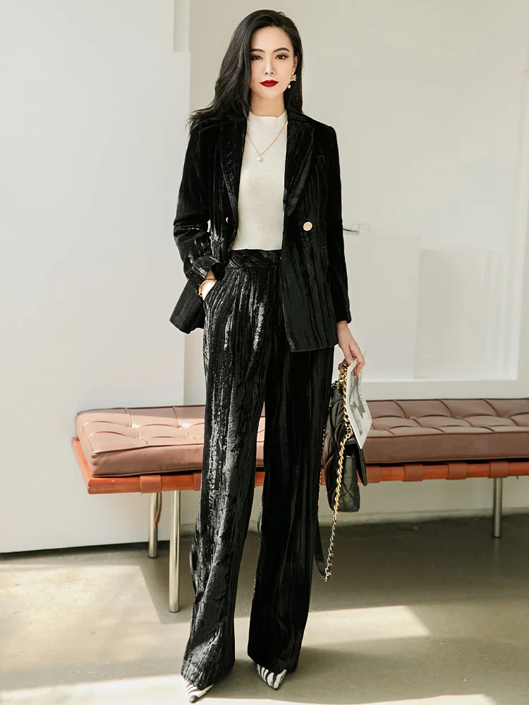 

Elegant Black Velvet Suit Professional Workwear Spring Business Formal Wide Leg Pants Set for Women over 35 Winter Fashion