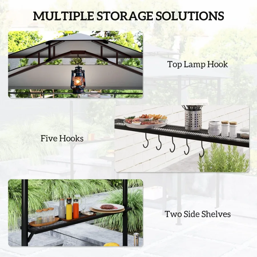 8' x 5' Outdoor Grill Gazebo Barbecue Gazebo Shelter with Side Awning 2 Side Shelves and 6 Hooks Dark Gray