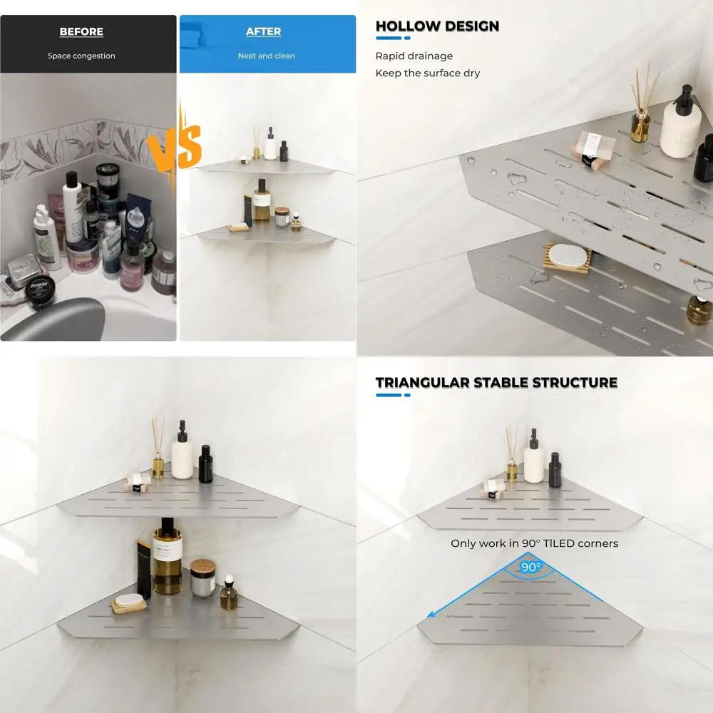 

10 Brushed Nickel Corner Shower Shelf, Tiled Wall Mount, Stainless Steel, No Drilling Shower Caddy Storage