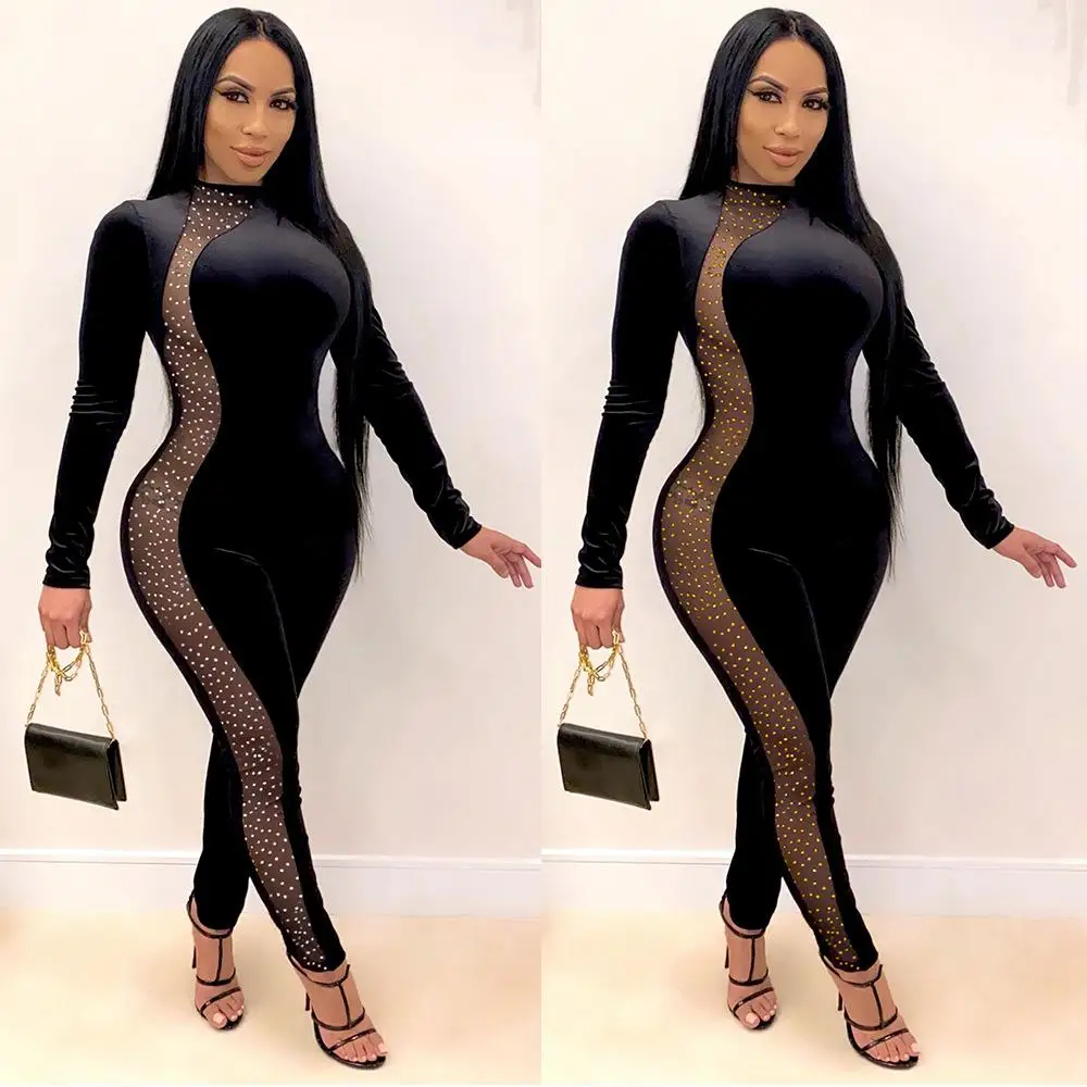

High Velvet Patchwork Jumpsuit Long Sve Pure Color Briti Sle Winter Faion Women's Suit Tee-Piece Set Long Pants