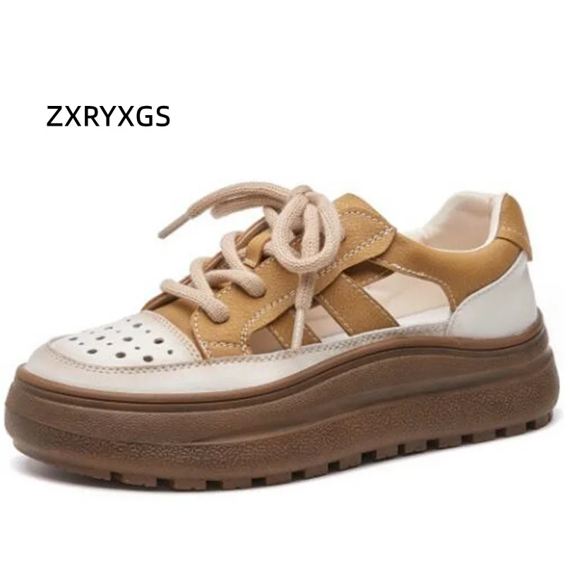 ZXRYXGS 2024 New Round Toe Lace-up Women Cowhide Sandals Hollow Spell Color Summer Sneakers Sandals Platform Elevated Sandals