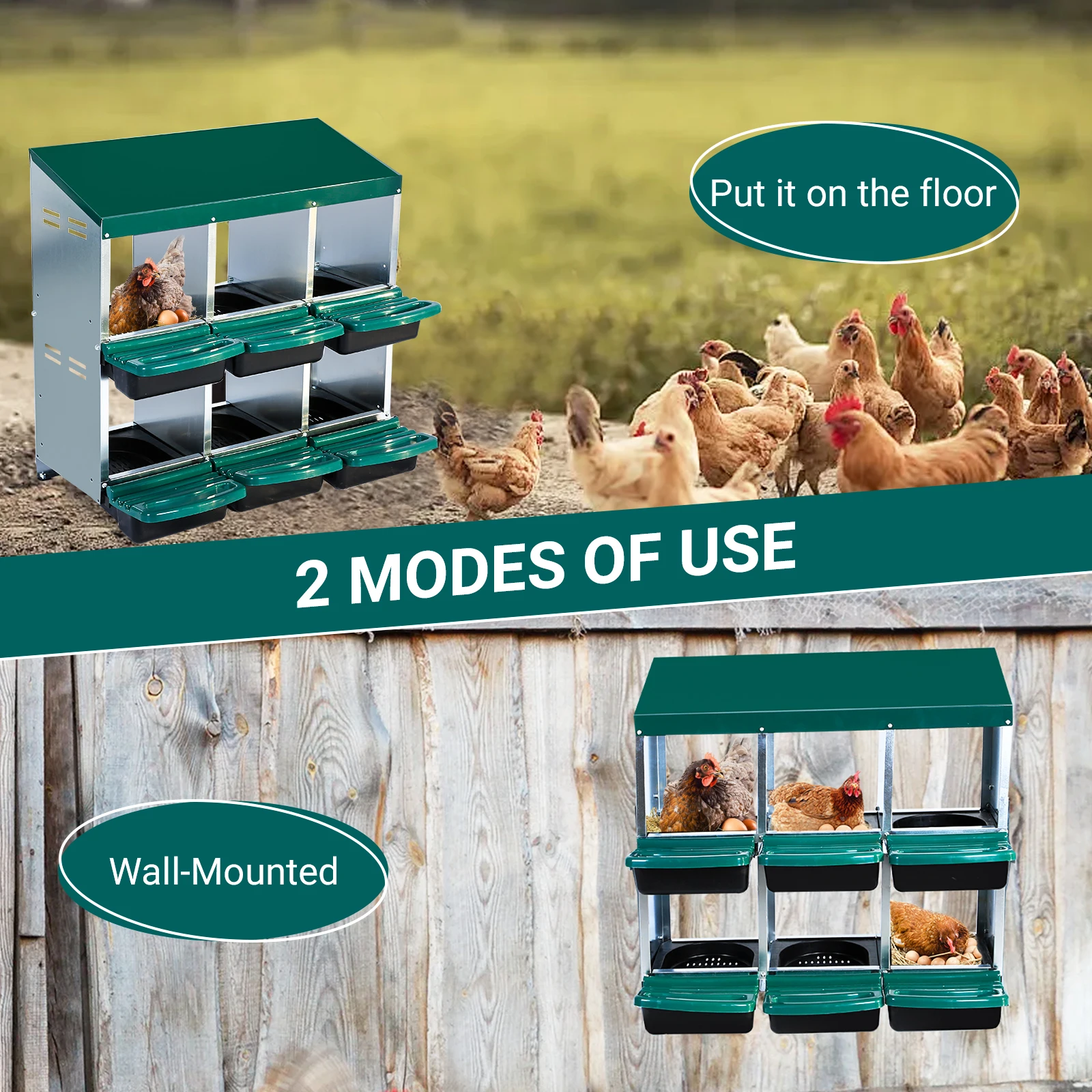 US Green Nesting Boxes for Chickens 6 Hole Chicken Nesting Boxes with legs Chicken Laying Box with Lid Cover, Roll Away Nest Box