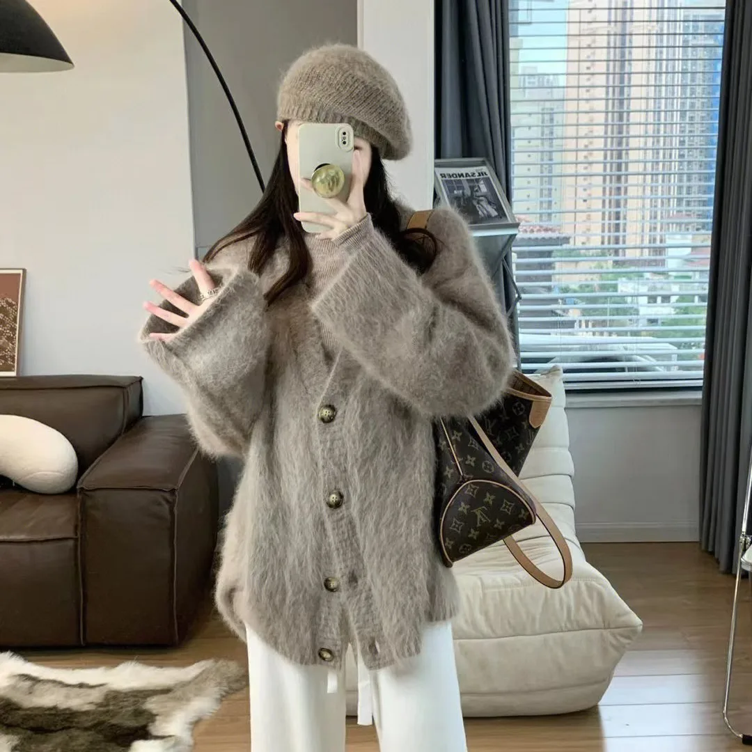 V-Neck Mink Fur Sweater Jacket For Women In Autumn Winter, Thick Outer Layer, Loose And Gentle, Lazy Style Knitted Cardigan