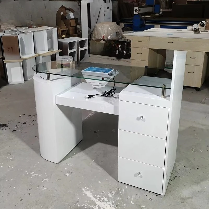 

Glass top manicure table Wooden modern nail table with dust collector