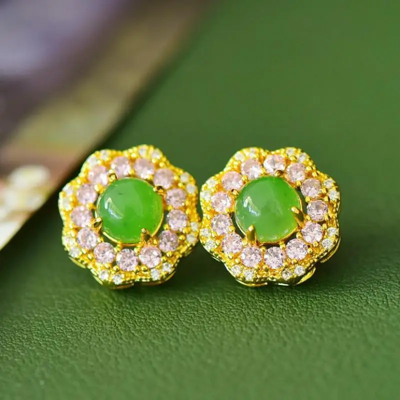 

Natural Nephrite Green Jade Earrings Women Fine Jewelry Genuine Chinese Hetian Jade Sunflower Zircon Stud Earrings Ladies Gifts