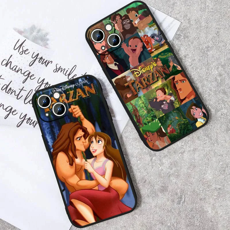 Disney Cute Tarzan  For Apple iPhone 15 14 13 12 mini 11 XS XR X 8 7 Pro Max Plus Black Silicone Phone Case Funda Soft Cover