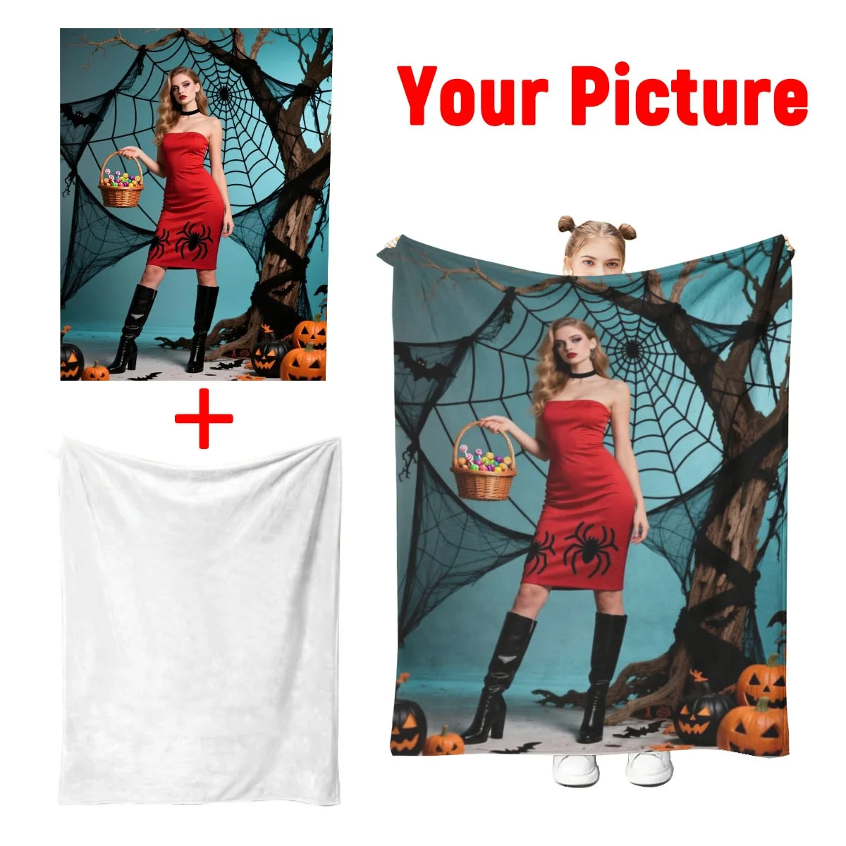 Benutzerdefinierte Foto-Fleecedecke – DIY Jack-O'-Lanterns/Kürbis-Drucke |     Weich warm |     Sofa/Bett/Reise |     Halloween-Trick-Or-Treat-Geschenk