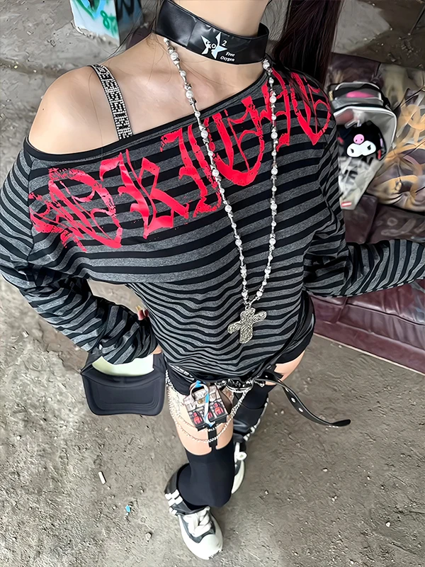 American Sle Striped Fun Letter Design Casual Long Sve T-irt Women Spring Autumn Versatile Leisure Top oulder Baring