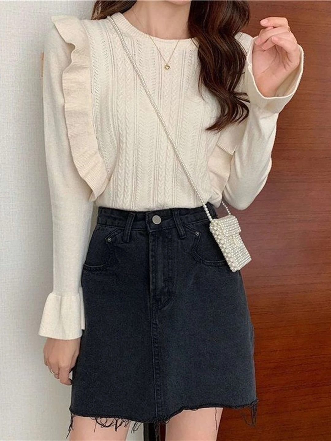 قميص نسائي محبوك بأكمام طويلة للتنحيف، تصميم فرنسي أنيق، ناعم الملمس، بأكمام واسعة، دافئ ومناسب للارتداء اليومي #4