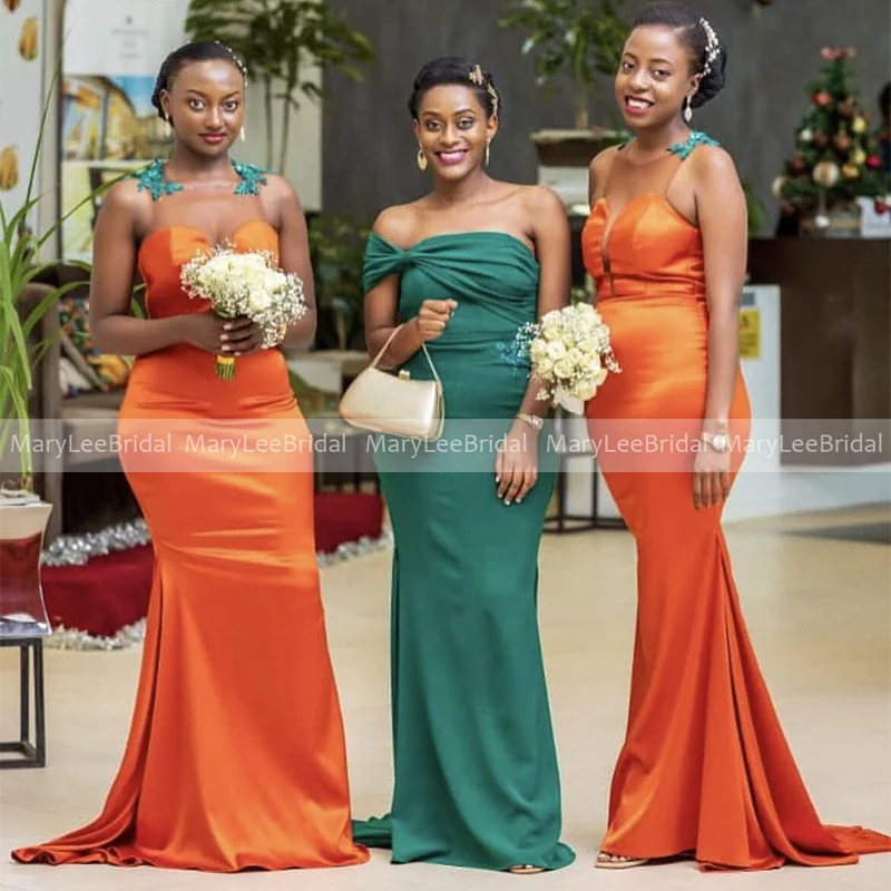 Sleeveless Bright Orange Mermaid Bridesmaid Dresses Skin Mesh with Green Appliques Long Wedding Guest Dress Bride Maid Gowns