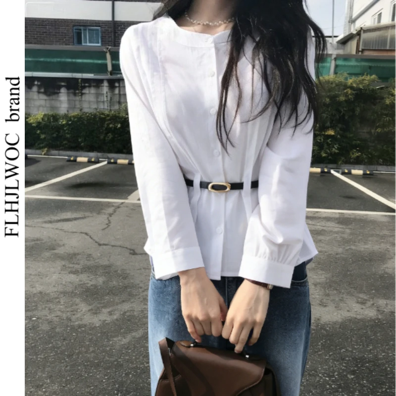 

Peplum Belt Tops Blouses Chic Korea Style New Fashion Woman Long Sleeve Elegant Work Office Lady Slim Waist Button White Shirts