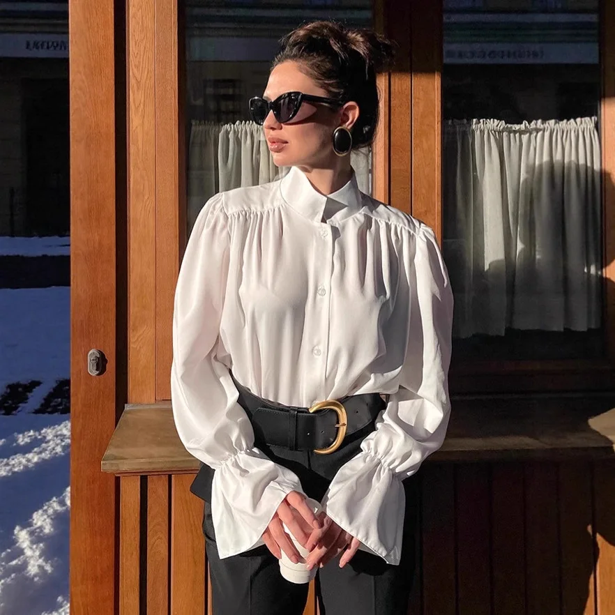 

Минималистичная женская осенняя рубашка, белая однобортная блузка с воротником-стойкой и пышными рукавами для женщин, шикарная женская рубашка в Instagram-стиле