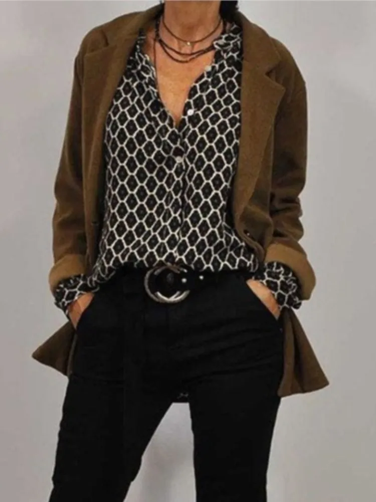 

Fashion Print Women's Blouse Spring Autumn V-neck Long Sleeve Shirts Casual Loose Blouses And Top 2025 Lady Vintage Shirt