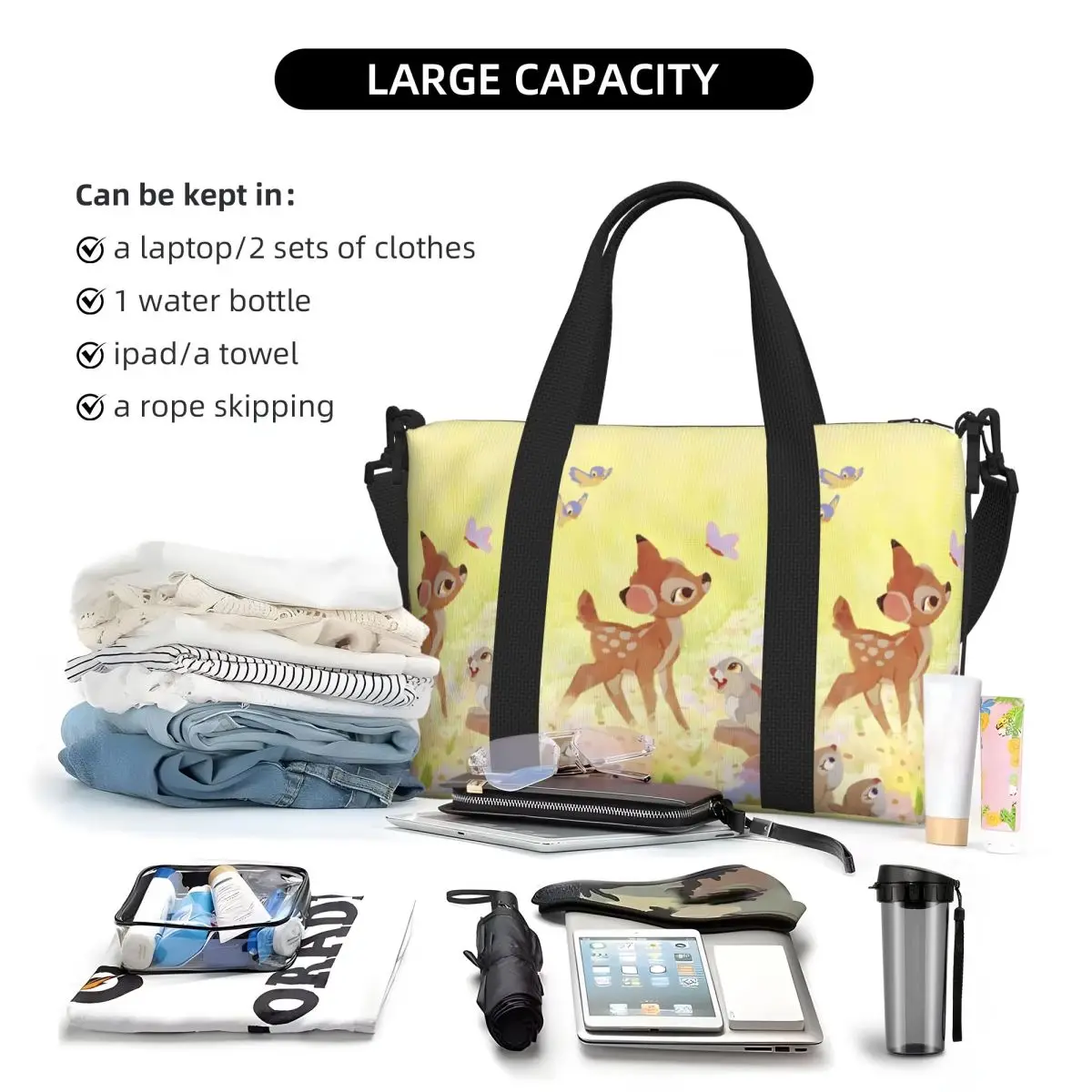 مخصص بامبي حقيبة حمل على الشاطئ للنساء الطباعة الكلاسيكية الحيوان مقصورة كبيرة رياضة حقائب السفر الشاطئ