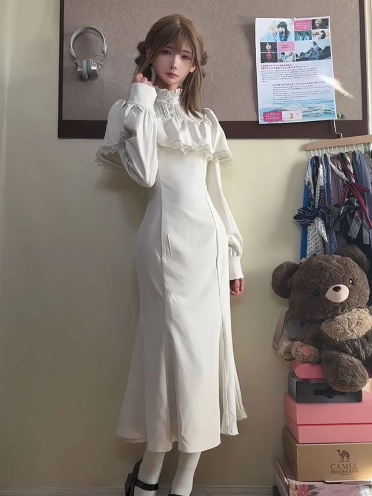 

Платье в японском стиле Y2K Lolita, облегающее, однотонное, с длинными рукавами, осеннее, в стиле 2000-х, винтажное готическое платье в стиле Харадзюку, корейский шик