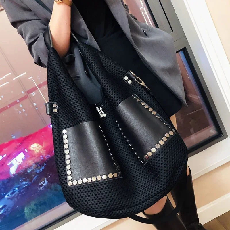 Fashion Promotion crossbody Women Bag Personality Mesh Large Capacity Rivet Top-handle Tote Cowhide Travel Designr Shoulder Bag