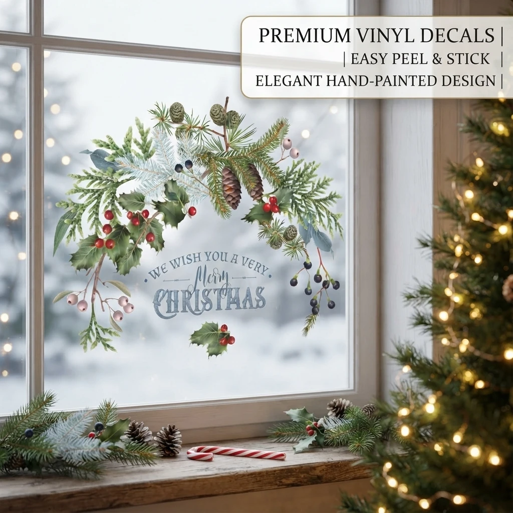 1pc Christmas Wall Sticker We Wish You A Very Merry Christmas Pinecone Holly Berry Wall Decal Home Window Xmas Decor