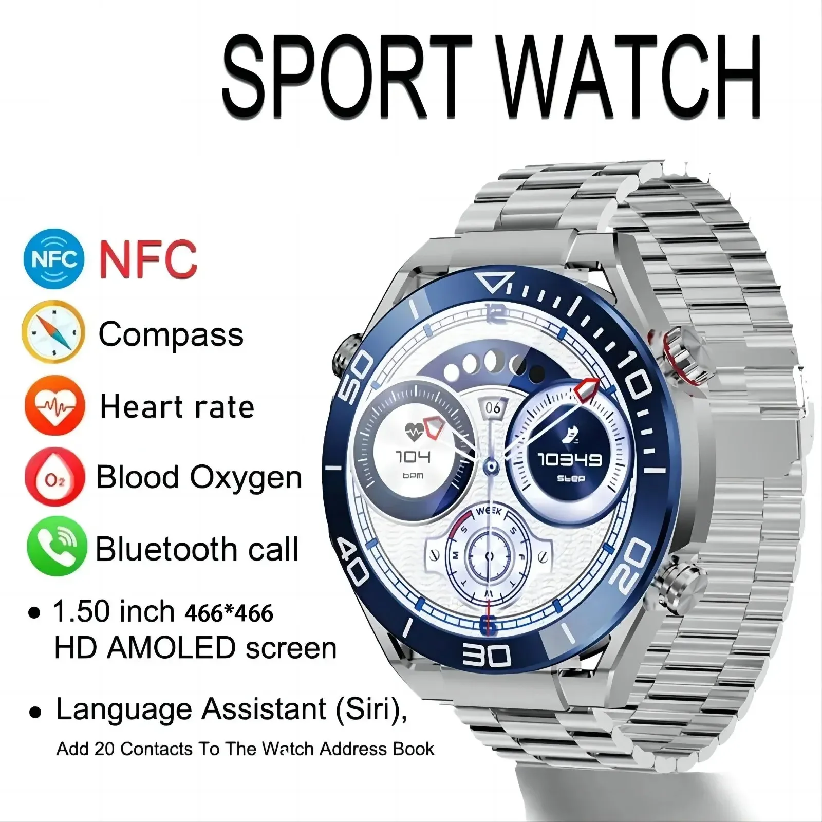 MAOYUAN New NFC Smart Watch Men BT Call Sport Voice Assistant Compass Watch 466*466 HD Full Touch Screen Heart Rate HUAWEI Watch