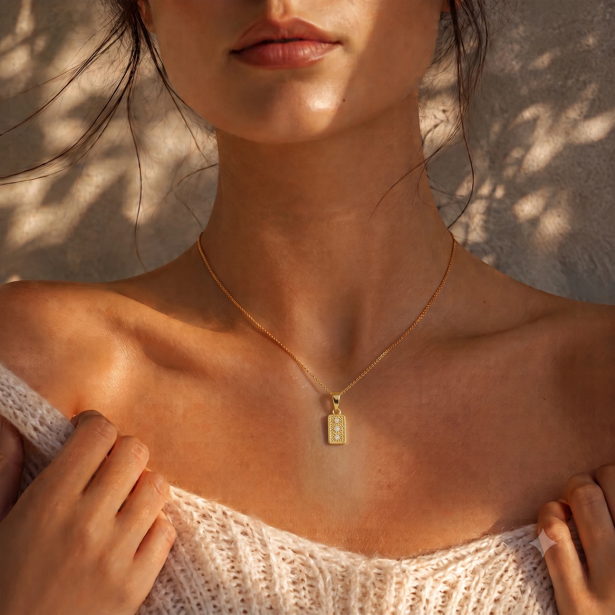 ZHENL Strukturierter Rechteckiger Anhänger Charm 18K Vergoldeter Edelstahl 3 Sternförmige Sterne Halskette Damen Herren Schmuck – Detail 1