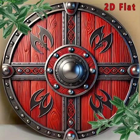 2D Flat Viking Shield Round Metal Sign, Red & Silver Norse Battle Axe Wall Decor for Man Cave & Medieval Fans