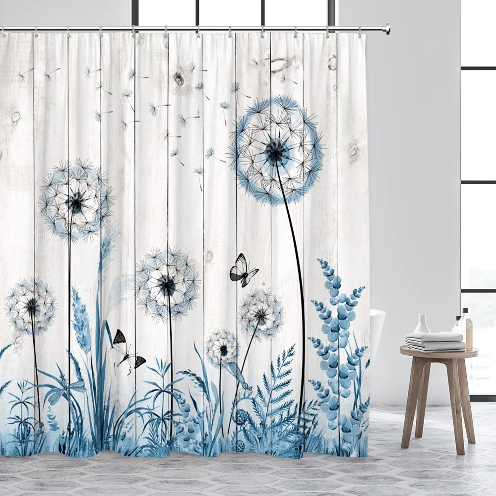 

Dandelion Shower Curtain Watercolor Floral Farm Rustic Butterfly Plank Plant Polyester Fabric Bathroom Decor Curtain Washable