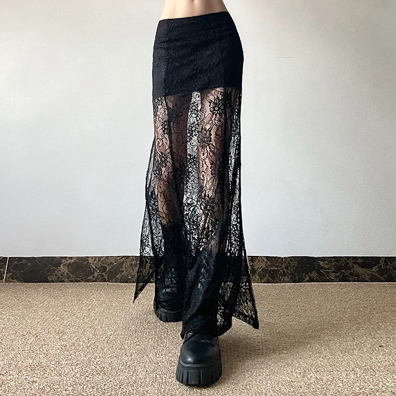Jupe longue en dentelle florale noire pour femmes, taille haute, maille transparente, moulante, Maxi, décontractée, pour Style de rue et hangout