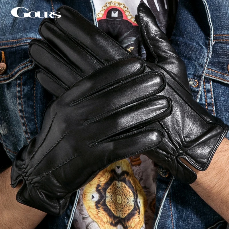 Gours-guantes de piel de cabra auténtica para hombre, manoplas clásicas, cálidas, de marca de moda, color negro, de alta calidad, para invierno,