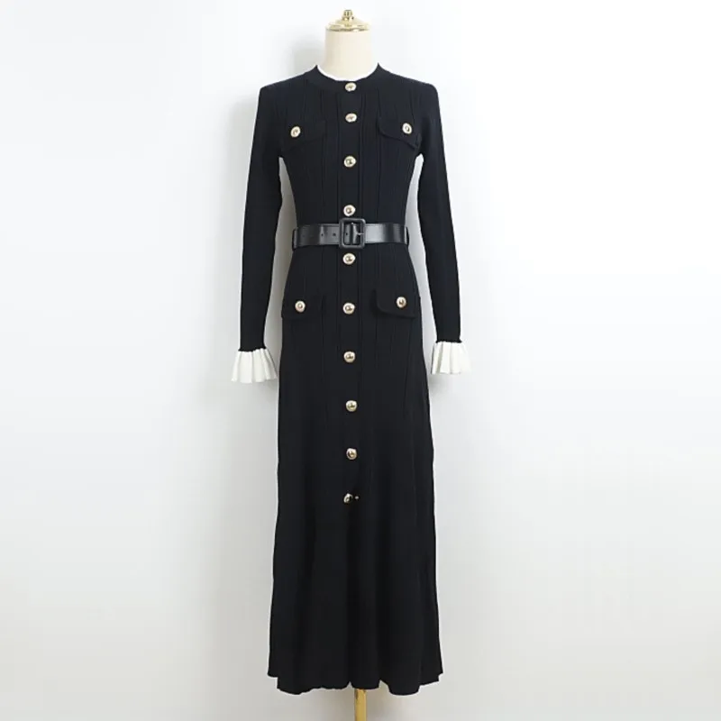Black Knitted Dress Elastic Long sleeve bell 2025 Spring/Autumn dress waist  retro  Elegant Classic  One-piece dress