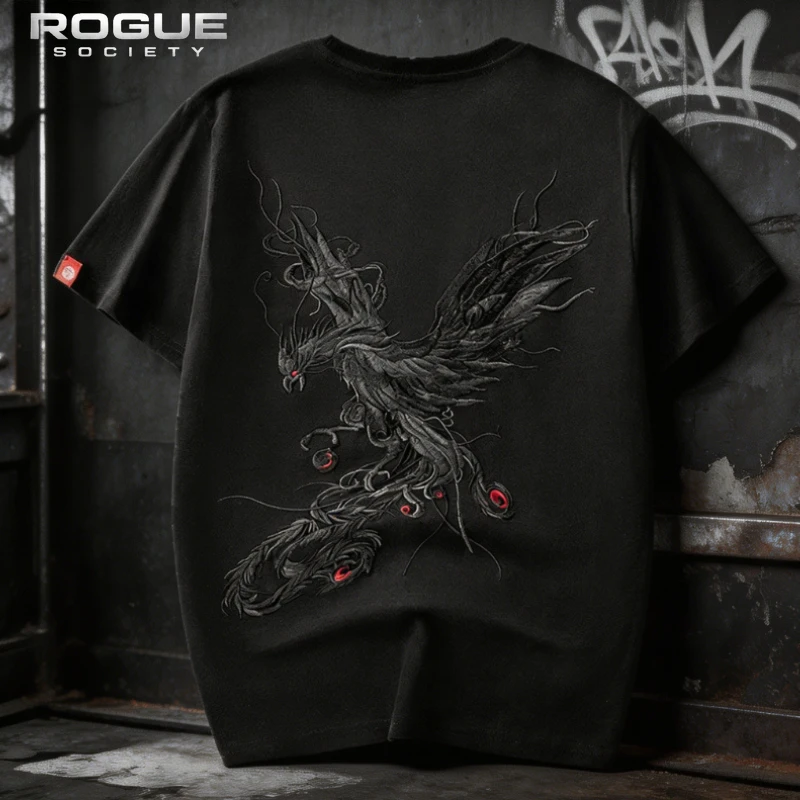 New Harajuku Phoenix Embroidered Tees Men Cotton Chinese Style Luxury Short Sleeve Streetwear Y2K Aesthetic Tshirt Tops Unisex