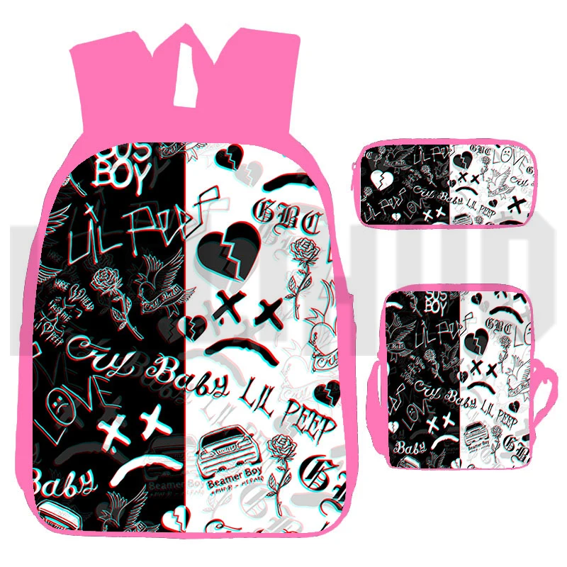 

Hip Hop 3 Pcs/Set Rapper Lil Peep Backpacks for School Teenagers Girls Anime 3D Print Schoolbags Laptop Pink 16 Inch Book Bag