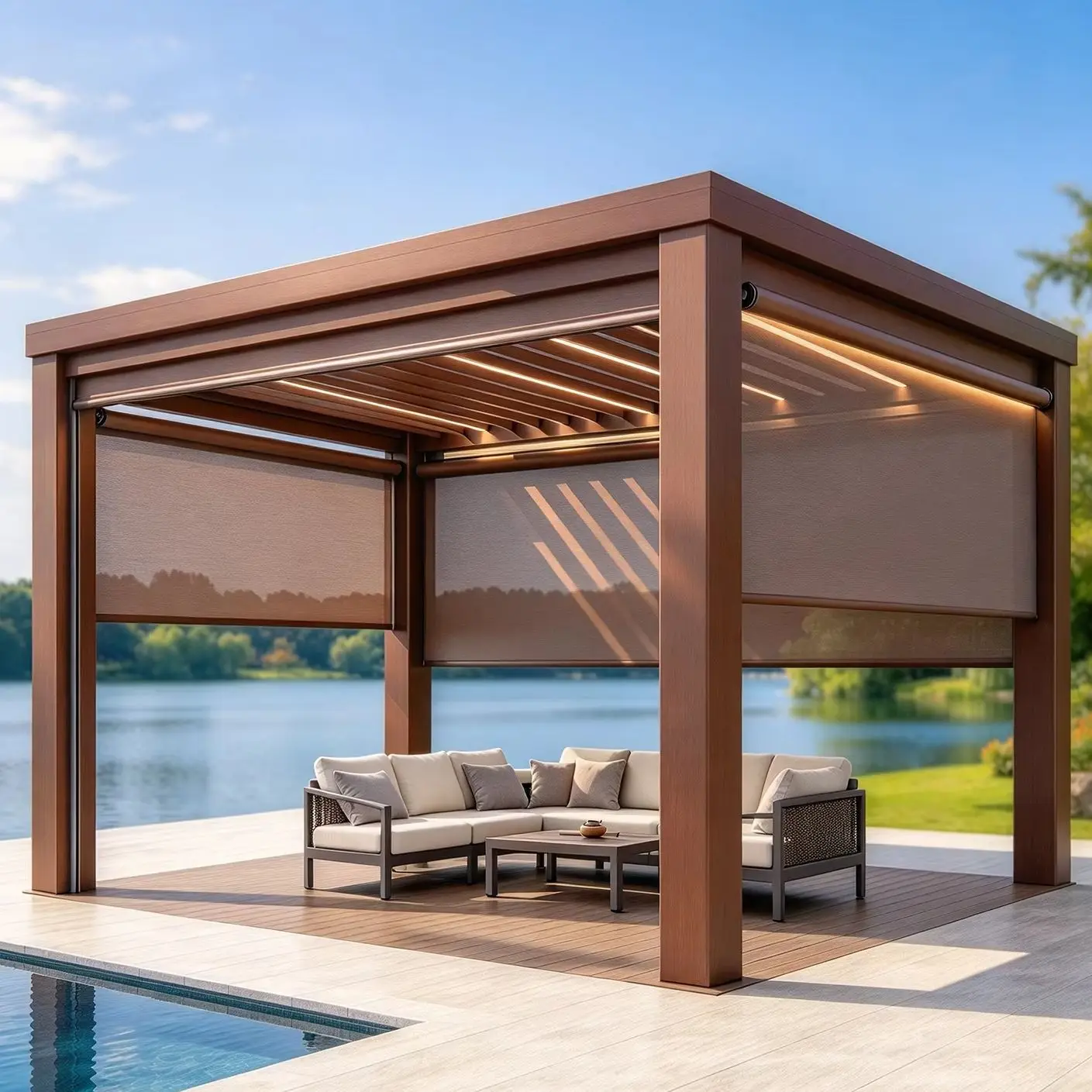 Motorized Pergola En Aluminum Bioclimatic Gazebo with LED Lights Louvered Roof Glass Sliding Doors Patio Gazebo Pergola