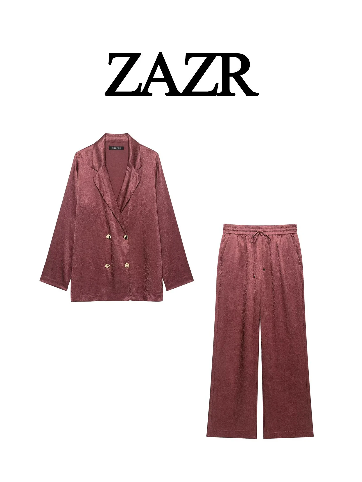 Fashionable Women's Suiting Set with Draped Jacket And Wide Leg Pants Autumn Collection Elegant Crumpled Texture Two-Piece Ou...