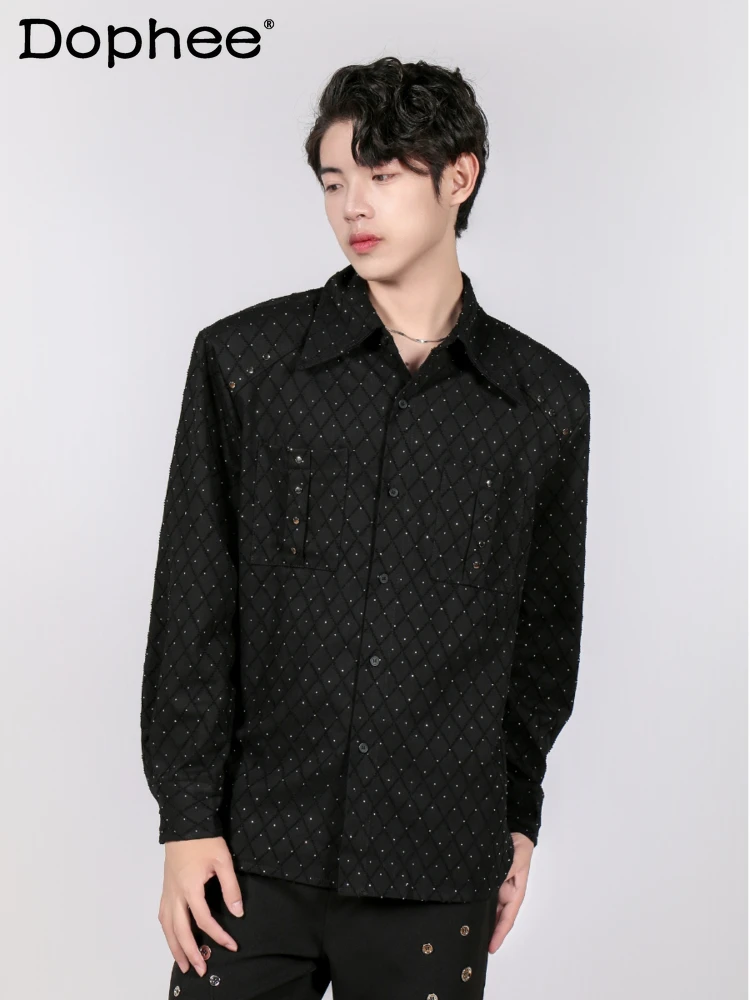 

Fashion Black Long-sleeve Shirts Men's 2024 Autumn High-end Full Body Hot Diamonds Personality Trendy Tops Handsome Loose Shirt