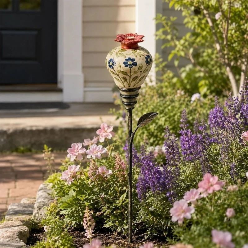 Set of 3Pcs Hummingbird Feeding Stations with Pointed Ground Stakes, Colorful Flower Detail, and Top Openings for Lawns and Y5GB