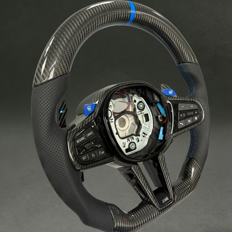 For BMW CS with Black Carbon Fiber Racing Wheels Flat Bottom with Customizable Stitching Color for BMW G-series Upgrades to CS