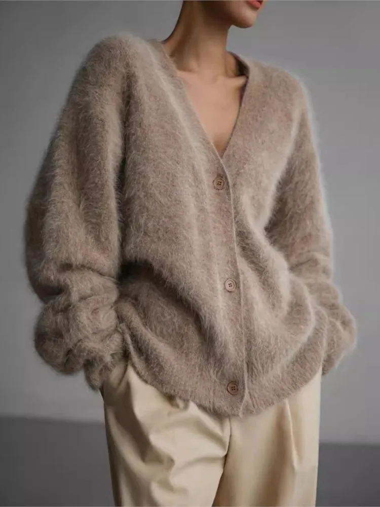 

Elegant V-neck Long-sleeved Single-breasted Cardigan Coat For Women Fashion Autumn Solid Color Imitation Mink Wool Knitted Coat